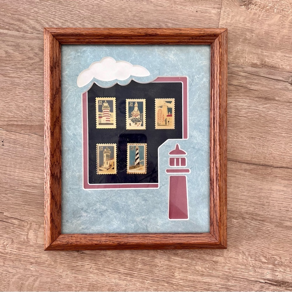 Vintage 5 PCs 25 Cent Lighthouse USA USPS Gold Metal Rim‎ Stamps Wood Framed